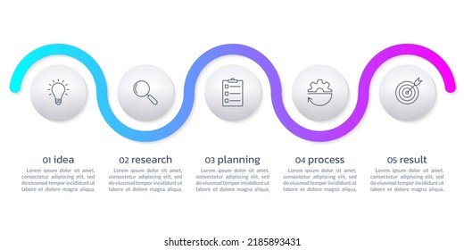 Diseño 3d de infografía de 5 pasos con iconos de negocio. Proceso, diagrama de presentaciones, plantilla gráfica de información de línea de tiempo con elementos de círculo. Ilustración vectorial.