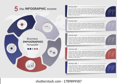 5 step infographic business template. Can be used for flow charts, presentations, web sites, banners, printed materials. Business data visualization. Strategic plan. Vector illustration.