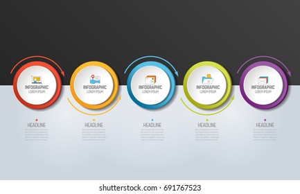 5 step Infographic. Circles with arrows. Template, diagram, graph, chart, presentation, infograph, milestone. 