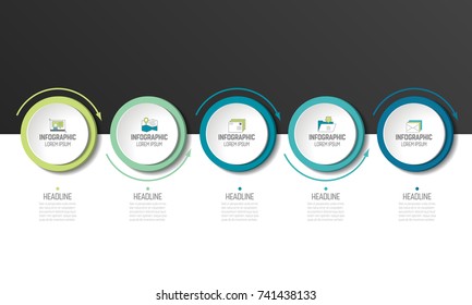 5 step Infographic. Circles with arrows. Template, diagram, graph, milestone, chart, presentation, infograph.