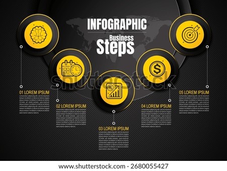 5 step infographic design in black yellow colors, business timeline and workflow layout for presentation and report, illustration with icons, clear simple template, not AI generated