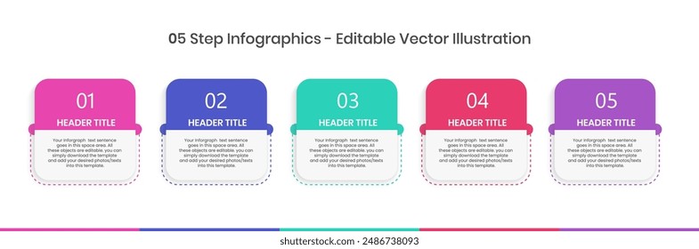 5 step infographic Design Template, Pie chart, workflow layout, squire diagram, brochure, report, presentation, Minimalist timeline illustration isolated on white background - Editable Vector template