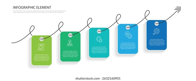 5 step infographic template element. Timeline process with line connection, paper card and icons suitable for business information and web presentation