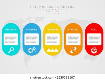 5-Schritt-Infografik-Vorlage Mehrfarbige gebogene quadratische Geschäft oben mit Buchstaben Unter gibt es ein weißes Symbol mit einem weißen Quadrat in der Mitte mit Text. Auf der Rückseite ist eine Karte.