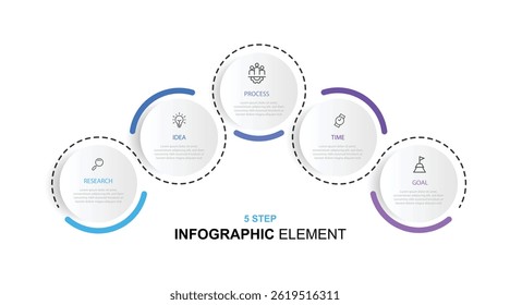 Plantilla de infografía de 5 pasos. Infografía de 5 círculos proc con círculos y líneas conectadas. 