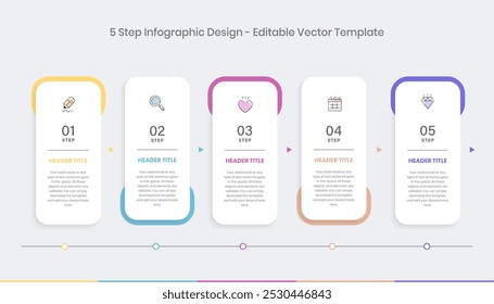 Modelo de design de infográficos de 5 passos, diagrama de gráfico, Gráfico, Gráfico de pizza, layout de fluxo de trabalho, diagrama de retângulo vertical, relatório, Elementos de design de apresentação editável, Diagrama de processo em fundo branco