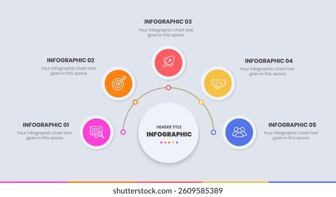 5 Step Infographics Design Template, circle diagram, Modern Business Infographic elements, colorful circle workflow slide template,  Timeline minimalist infographic template, Mind Map Template design