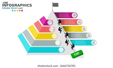 Um modelo infográfico de 5 passos com um homem escalando uma pirâmide e alcançando a linha de chegada. Conceito de negócios, sucesso e meta atingida.