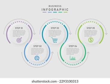 5 Step Modern Business Plan Infographic Template simple circle clean lines multi color dots and arrows icon with letters gray background design for marketing, finance, investment, product