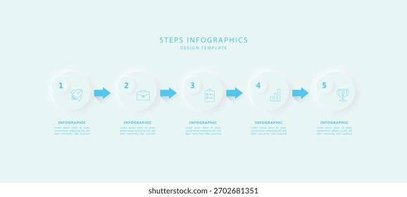 Modelo de projeto infográfico neumórfico de 5 passos. 5 etapa ou processo. Moderna ilustração vetorial limpa para apresentação.