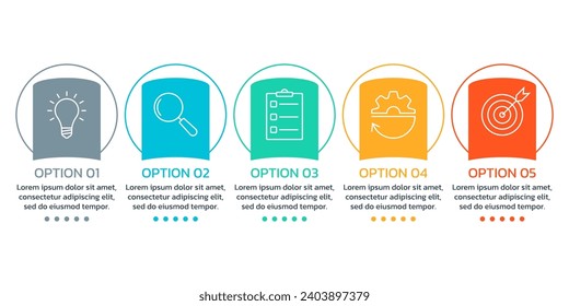 5 step, option infographic with business icons. Process diagram, timeline info graphic design elements. Modern layout, flowchart, text banner design template. Vector illustration.