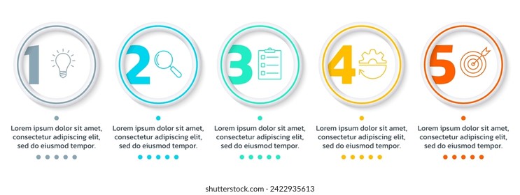 5 step, option infographic with business icons. Process diagram, timeline info graphic design elements. Modern layout, flow chart with five numbers and 3d circles. Vector illustration.