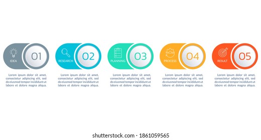 5 step or option infographic elements with business icons and text. Timeline info graphic, flow chart, layout, finance workflow template. Vector illustration.