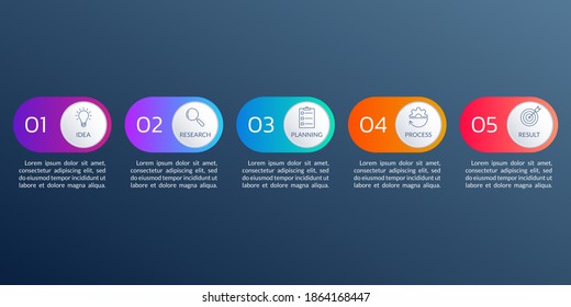 5 step or option infographic elements with business icons and text. Timeline info graphic, flow chart, layout, finance workflow template. Vector illustration.