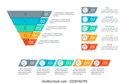 5 pasos de diseño de procesos con iconos de negocio. Embudo o cono de ventas, escala de tiempo, menú, lista de diseño infográfico. Presentación, banner de diseño. Gráfico informativo moderno, plantilla de diagrama. Ilustración vectorial.