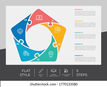 diseño de vectores infográficos de paso plano con 5 pasos y estilo colorido para el propósito de presentación.infografía de pasos del pentágono puede utilizarse para negocios y marketing