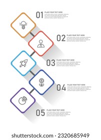 Diseño infográfico rectangular de color de 5 pasos. Ilustración vectorial EPS 10. Plantilla de arte vectorial moderna. Infografía para el concepto de negocio. Se puede usar para banner de presentaciones, diseño de flujo de trabajo, proceso
