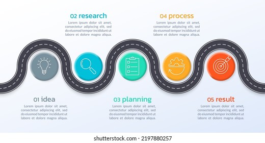 infografía de 5 pasos por carretera. infografía de la línea de tiempo con iconos del negocio. Paso o ruta de asfalto de rodadura. Diseño de procesos de caminos modernos. Ilustración vectorial.