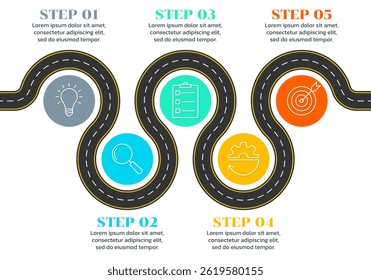 5 step road infographic with business icons. Winding asphalt pass or route. Modern pathway process design. Vector illustration.