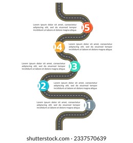 5 step road map info graphic design. Timeline infographic, modern business presentation template. Vertical roadmap, winding path, street concept. Vector illustration. 