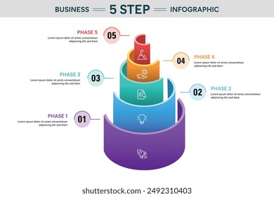 Infografía del cilindro de semicírculo de 5 pasos. Informe Financiero De Ilustración vectorial 3D Para Empresas.