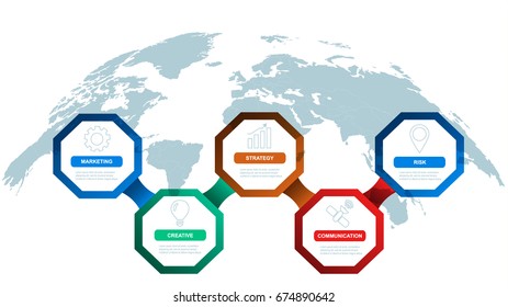 5 Step Timeline Infographic Template with Globe Map for Web Design. Vector Illustration