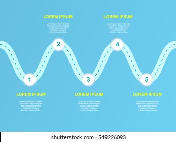 5 step Timeline zig-zag Road with lighting pin-pointers. Vector EPS 10