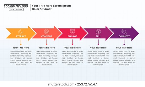 Seta de 5 passos Cronograma infográfico em uma proporção de 16:9 para apresentação de negócios, cartaz, banner e livreto.