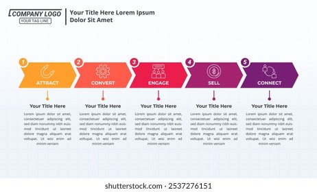 5 Schritte Pfeil-Infografik Zeitleiste auf einem 16:9 Verhältnis für Business-Präsentation, Poster, Banner und Booklet.