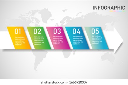Elemento infográfico de línea de tiempo de flecha de 5 pasos. 5 pasos infográficos, banner vectorial se pueden utilizar para el diseño de flujo de trabajo, diagrama, presentación, educación o cualquier opción de número. EPS10.