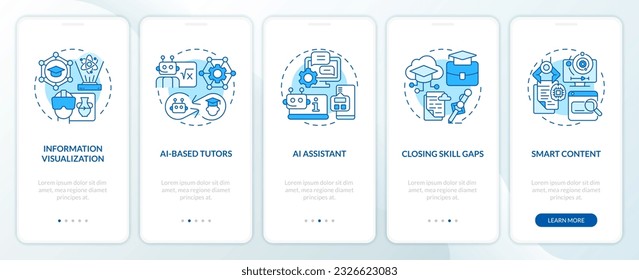 5 steps blue icons representing AI in education, graphic instructions with linear concepts, app screen.