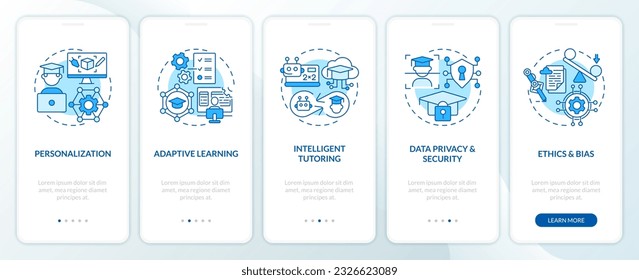 5 pasos iconos azules representando IA en educación, instrucciones gráficas con conceptos lineales, pantalla de aplicación.