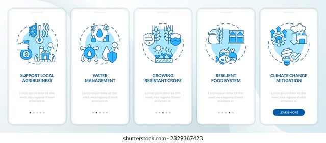 5 steps blue icons representing heatflation solution mobile app screen set. Walkthrough graphic instructions with linear concept, UI, UX, GUI template..