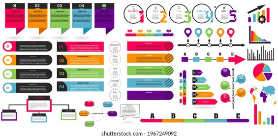 5 steps business infographic template. Set, collection of illustrations. Workflow. Presentation elements. Research progress. Layout with numbers and text. Simple flat image. Vector image.
