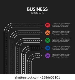 5 steps business infographic template, five colorful options choice, multiple road lines info chart, different ways painted on black background, many turned footpath