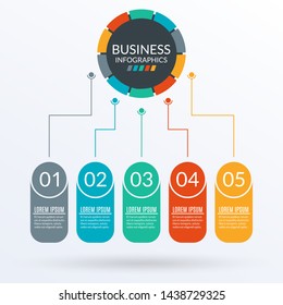 5 steps business process with circle diagram. Graphic chart with 5 elements, options or levels for flowchart, presentation, layout, timeline infograph, progress chart, workflow. Vector illustration.