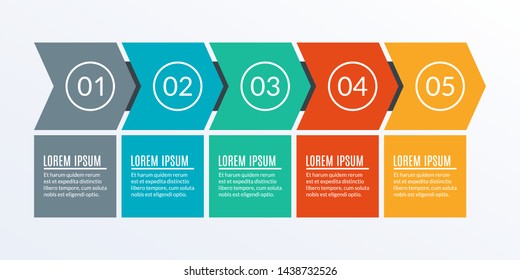 5 steps business process. Timeline infographic with arrows and 5 elements, options or levels for flowchart, presentation, layout, progress chart, workflow. Vector illustration.