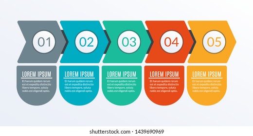 5 Steps Business Process. Timeline Infographic With Arrows And 5 Elements, Options Or Levels For Flowchart, Presentation, Layout, Progress Chart, Workflow. Vector Illustration.