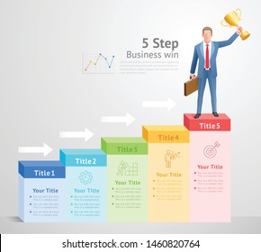5 steps to business win concept. Businessman Men standing holding gold trophies on top infographics.
