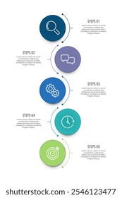 5 Steps circle and curve vertical infographic design for your business data. Presentation, Timeline, Workflow, Marketing and Strategy. Vector illustration.