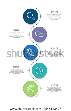 5 Steps circle and curve vertical infographic design for your business data. Presentation, Timeline, Workflow, Marketing and Strategy. Vector illustration.