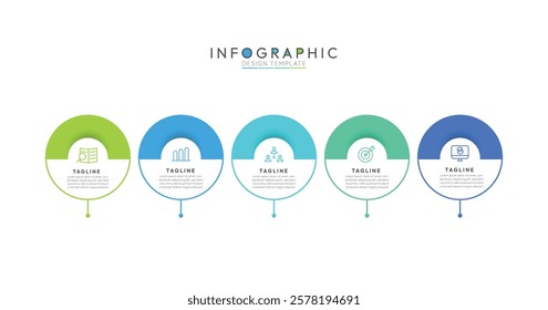 5 Steps Circle Process Infographic each step is contained within a complete circle or ring. This reinforces the idea of cycle and provides a clear visual structure. Modern infographic design template