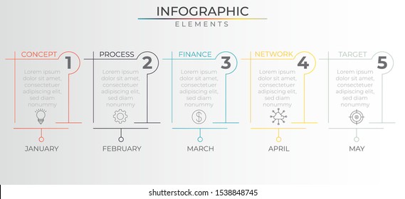 5 steps colorful thin line infographic with number, and icons elements. Timeline process template. Modern vector art for company or corporate business project and presentation. Trendy Eps10 design
