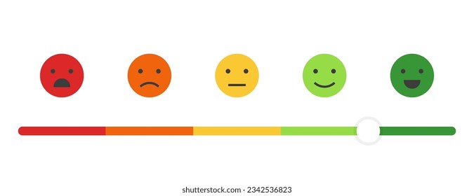 5 steps Feedback emoji slider, Reviews or rating scale with emoji representing different emotions, Level of satisfaction rating for service svg