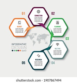 5 pasos del patrón hexagonal, pueden ser usados en diversos campos como negocios, empresa, investigación o medicina, educación. diseño infográfico.