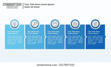 5 Schritte Horizontale Infografik-Zeitleiste für ein 16:9-Layout für Geschäftspräsentationen, Management und Evaluierung.