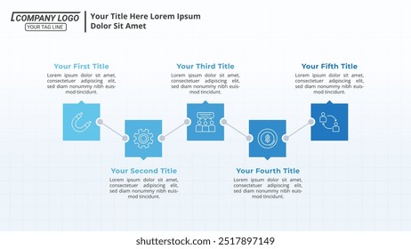 5 Steps Horizontal Infographic Timeline on a 16:9 Layout for Business Presentations, Management, and Evaluation.