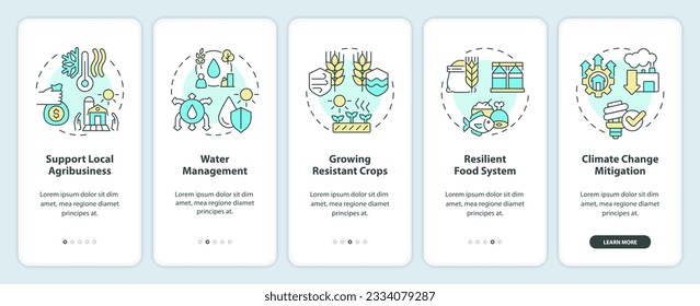 5 steps icons representing heatflation solution mobile app screen set. Graphic instructions with linear concept, UI, UX, GUI template..