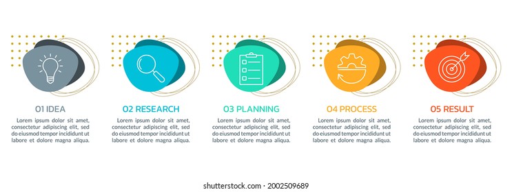 5 steps info graphic with abstract shapes. Business process, presentation, infographic layout template with modern icons. Vector illustration.