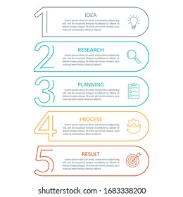 5 Steps Info Graphic With Business Icons And Copy Space. Infographics Template With Outline Numbers. Five Parts Or Options For Menu And  Workflow Layout Design. Vector Illustration.